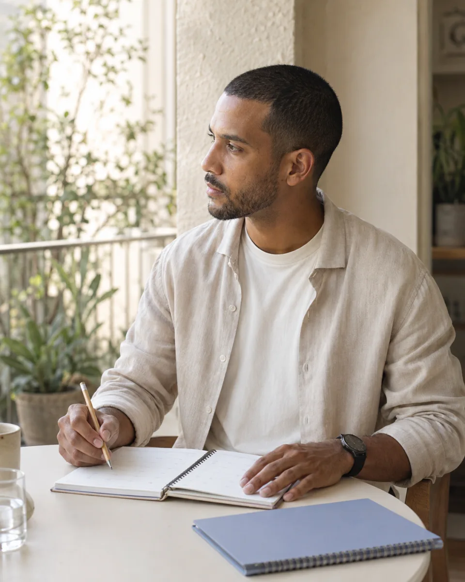 A man pausing over his planner at a sunlit balcony table