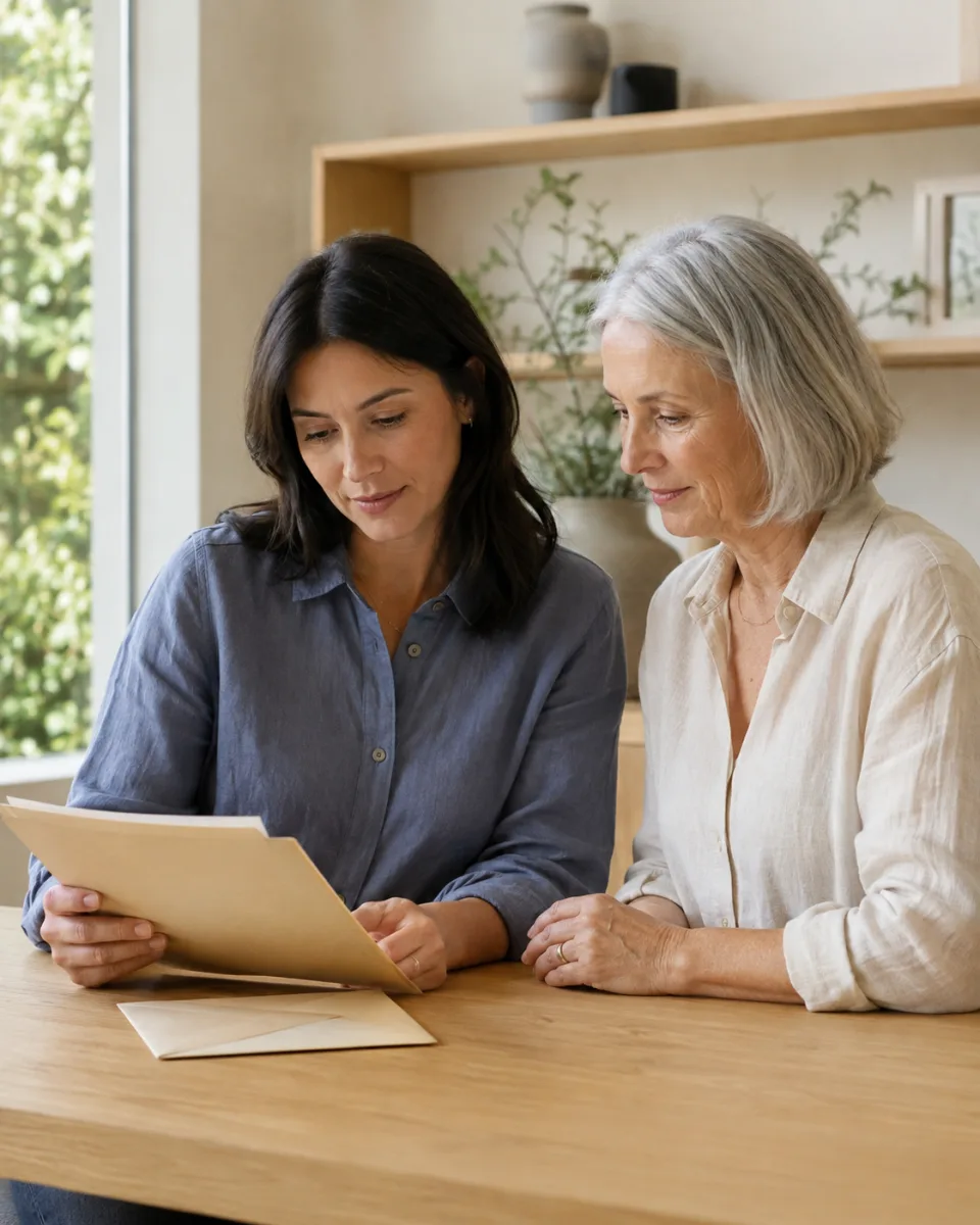 Two women reviewing a folder of household documents together