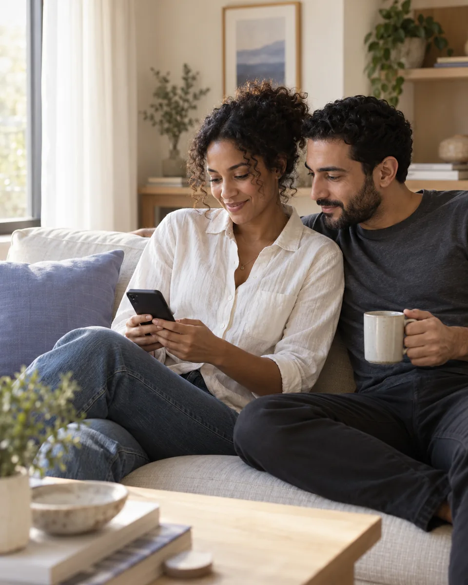 A couple relaxing on a sofa after work while one of them looks at a phone