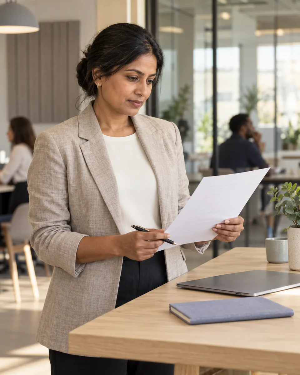 An HR lead reading a printed page at a table in a bright office
