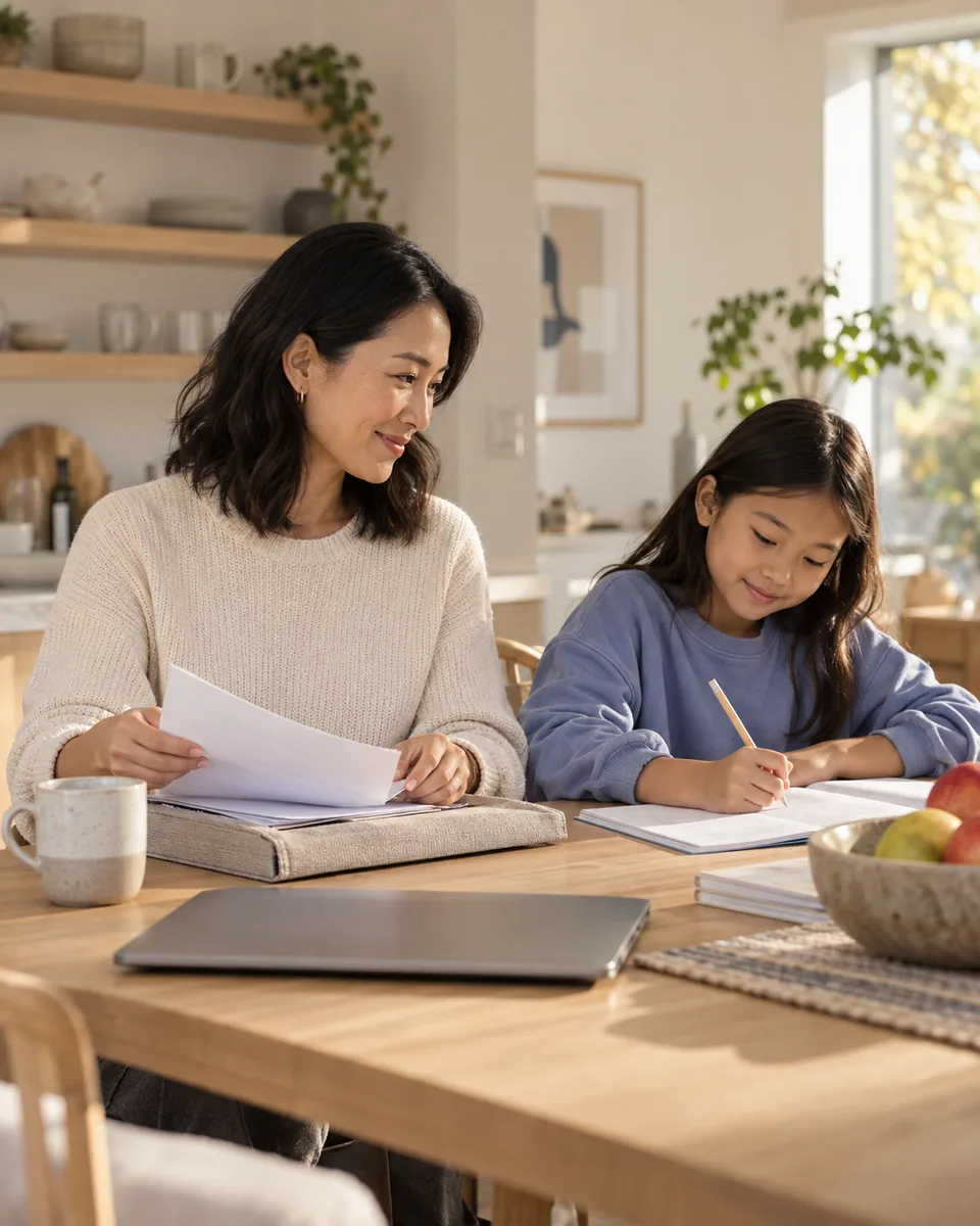 A mother sorting household papers at the kitchen table while her daughter does homework