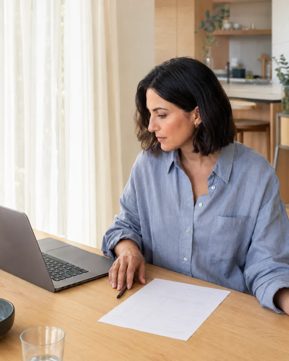 A woman comparing a paper statement with her laptop at a bright kitchen table