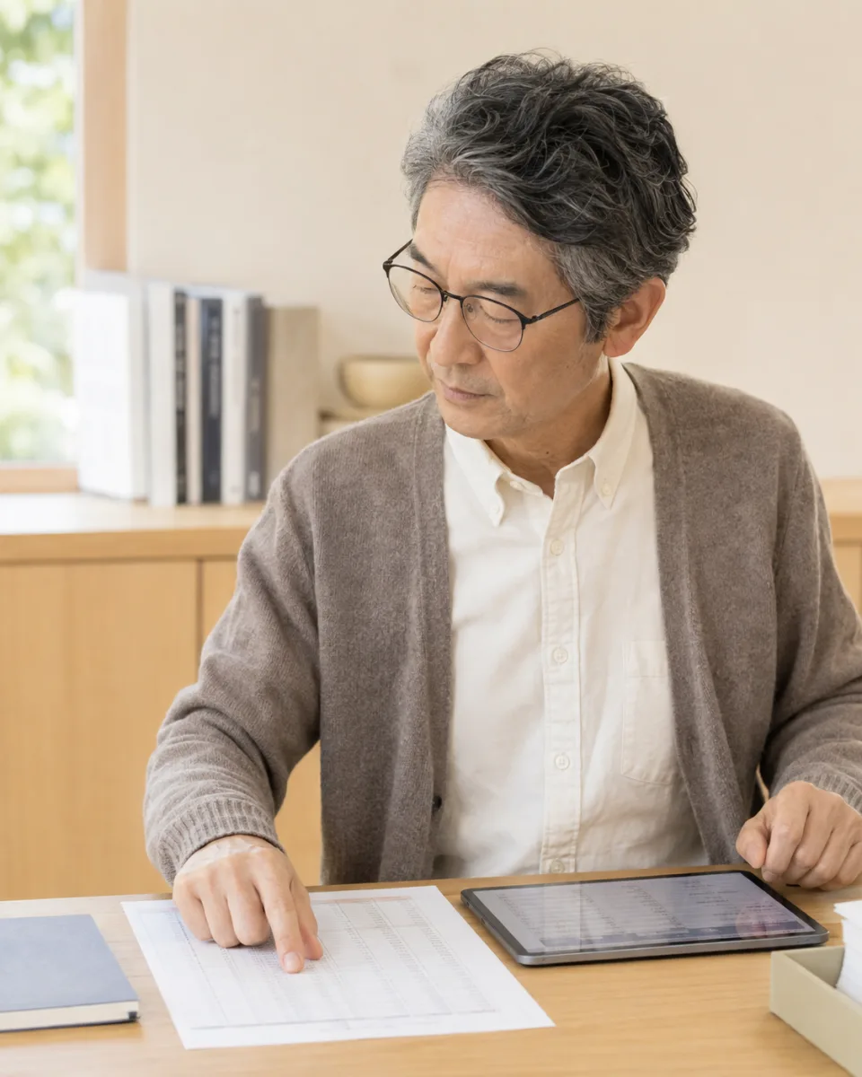 A man checking a printed investment record beside a tablet