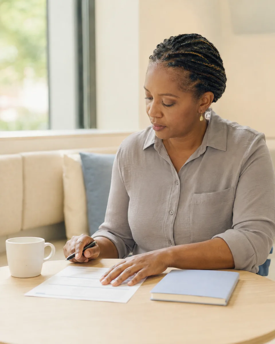 An employee checking a paper benefits summary in a quiet office