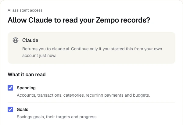 The Zempo page asking whether Claude can read Spending and Goals, with what to know before allowing access.