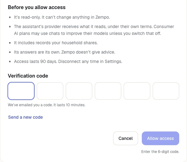 The Zempo approval page waiting for the six-digit code emailed to the account holder.