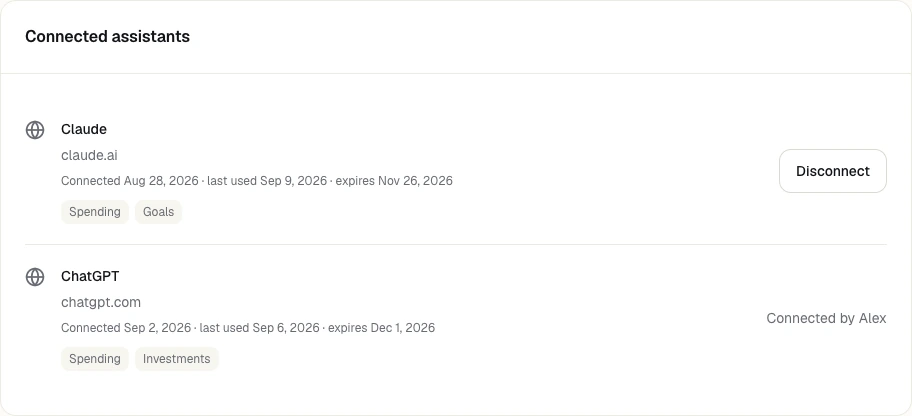 Two connected assistants in Zempo Settings, with the areas each can read, who connected it, when it was last used and when it expires.