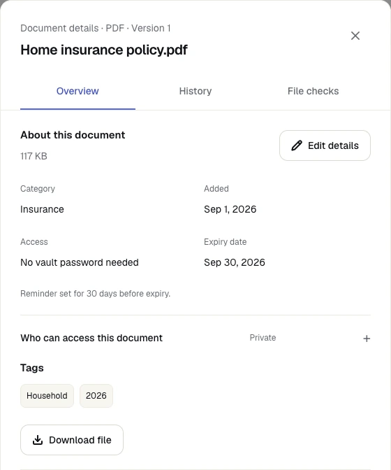 The actual DocuVault details drawer for a fictional home insurance policy.