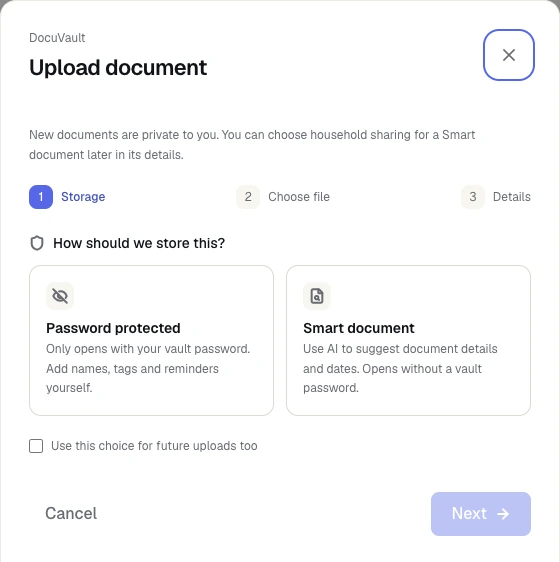 The DocuVault upload panel showing storage choices and their privacy requirements.