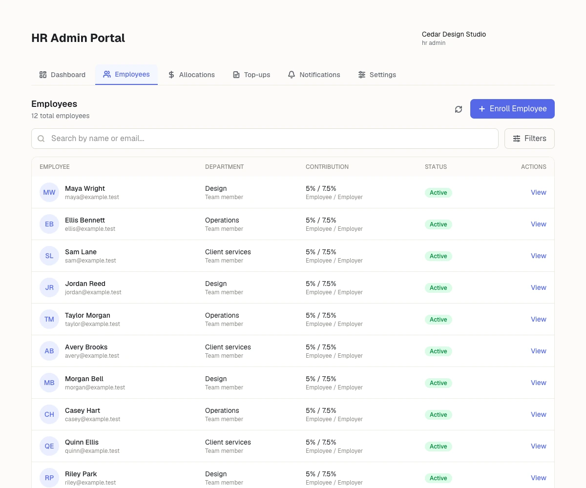 The employer employee list for fictional Cedar Design Studio.