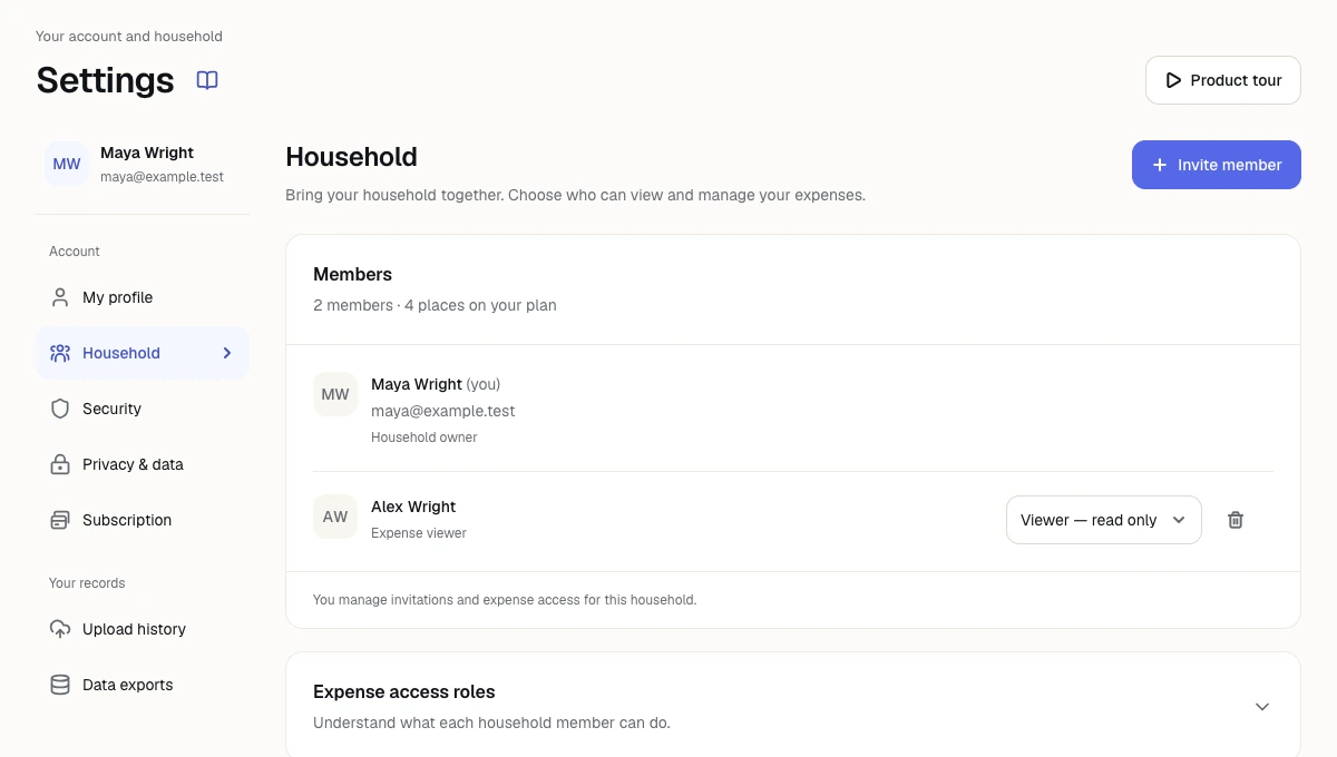 The Zempo household settings showing separate members and their access controls.
