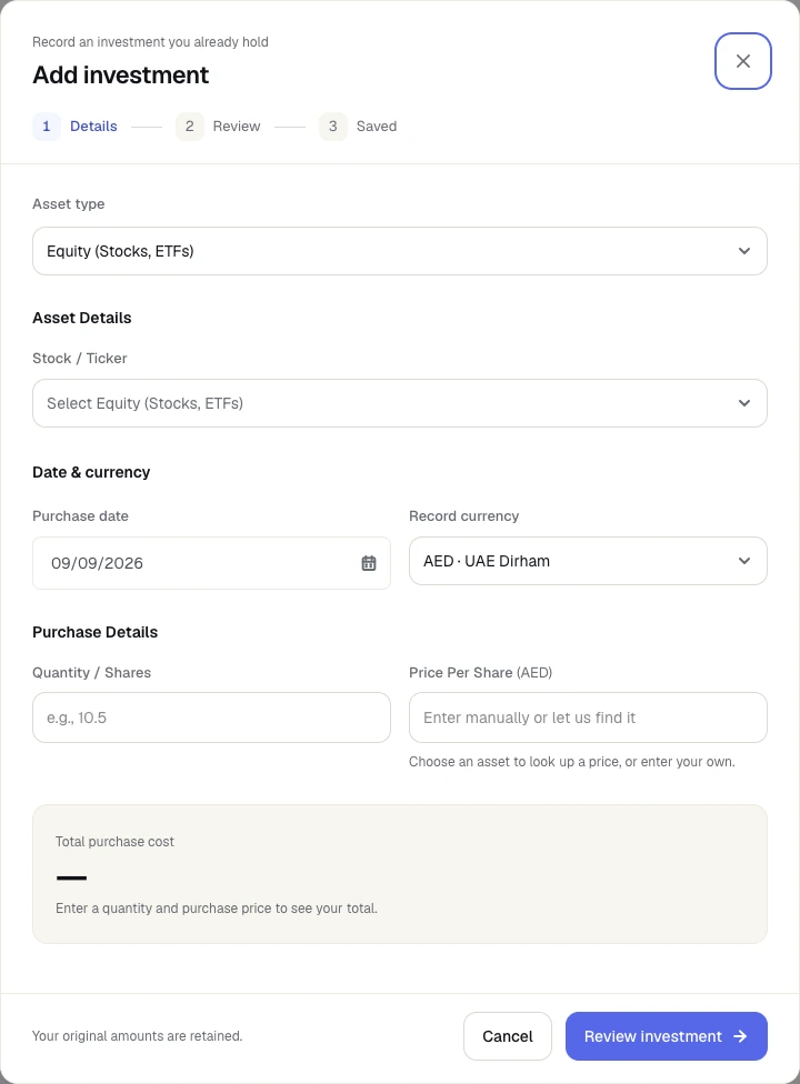 The actual investment entry form for adding a holding to Zempo.