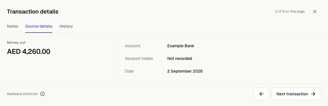 The actual transaction review panel with source details and the original recorded amount.