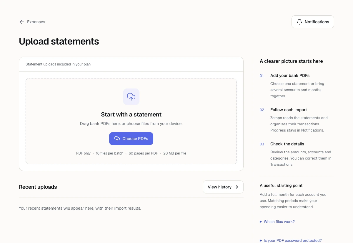 The actual statement upload screen with PDF selection and upload guidance.