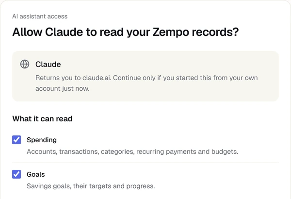 The Zempo page asking whether Claude can read Spending and Goals, with what to know before allowing access.