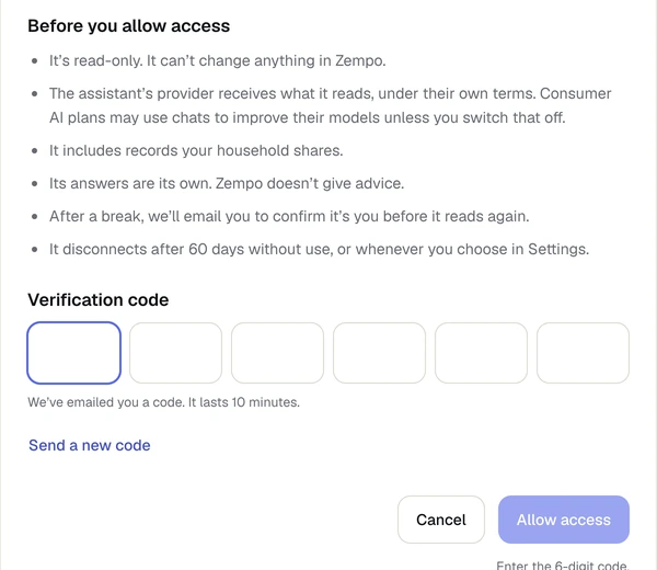 The Zempo approval page waiting for the six-digit code emailed to the account holder.
