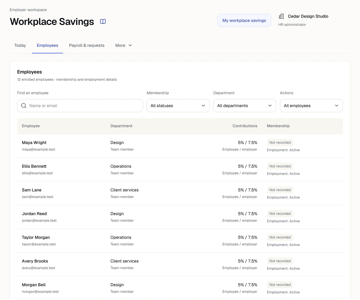 The employer employee list for fictional Cedar Design Studio.