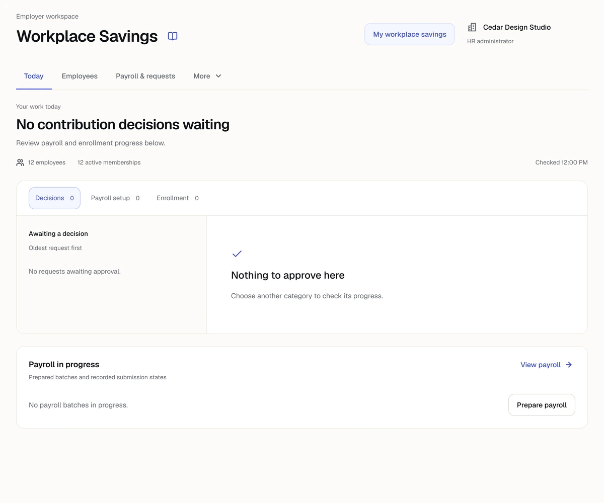 The actual HR Admin Portal for fictional Cedar Design Studio, with employee and contribution information.
