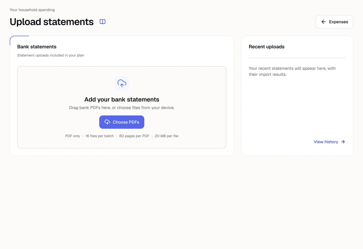 The actual statement upload screen with PDF selection and upload guidance.
