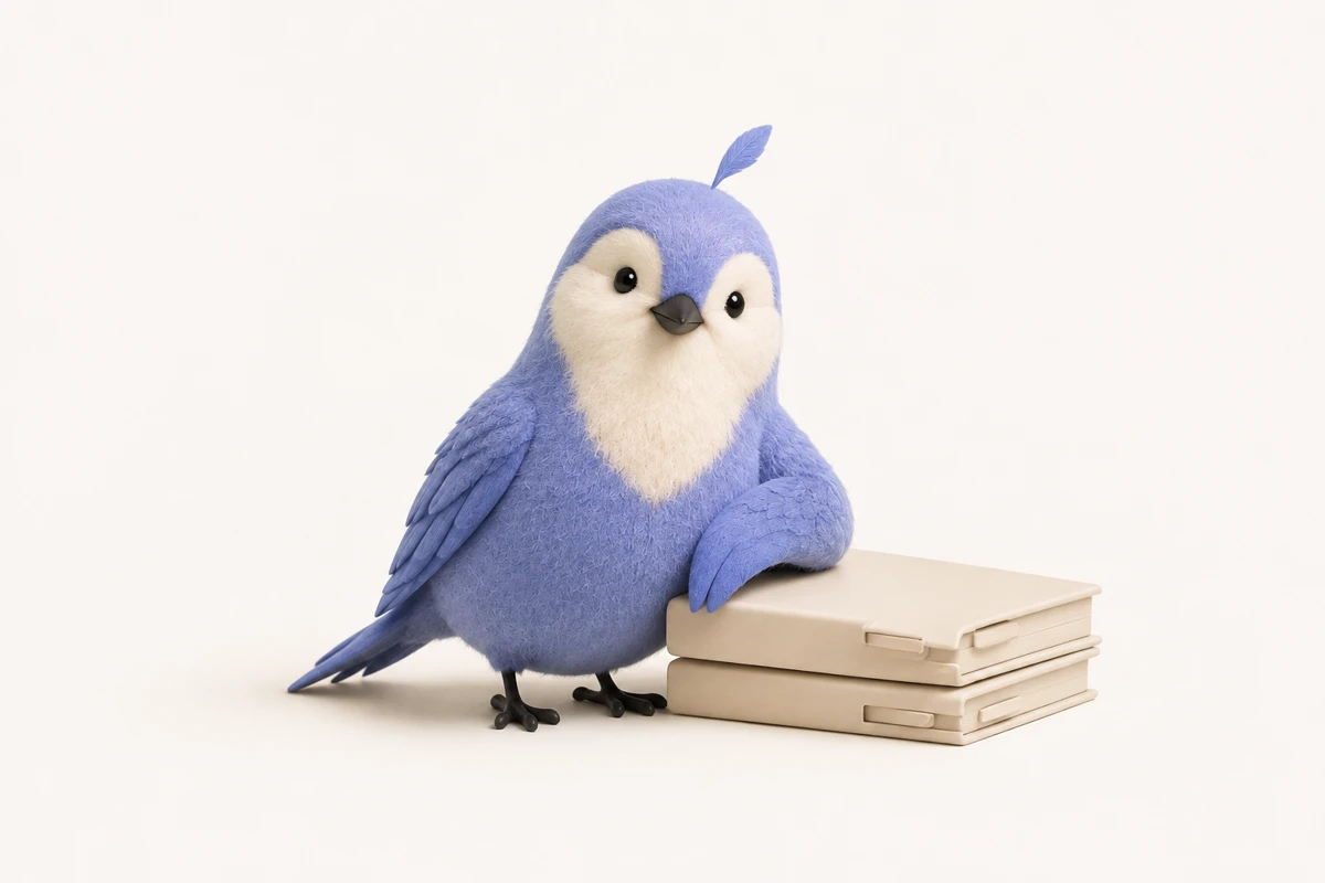 Zem, a small periwinkle bird, resting beside two neatly organised document folders