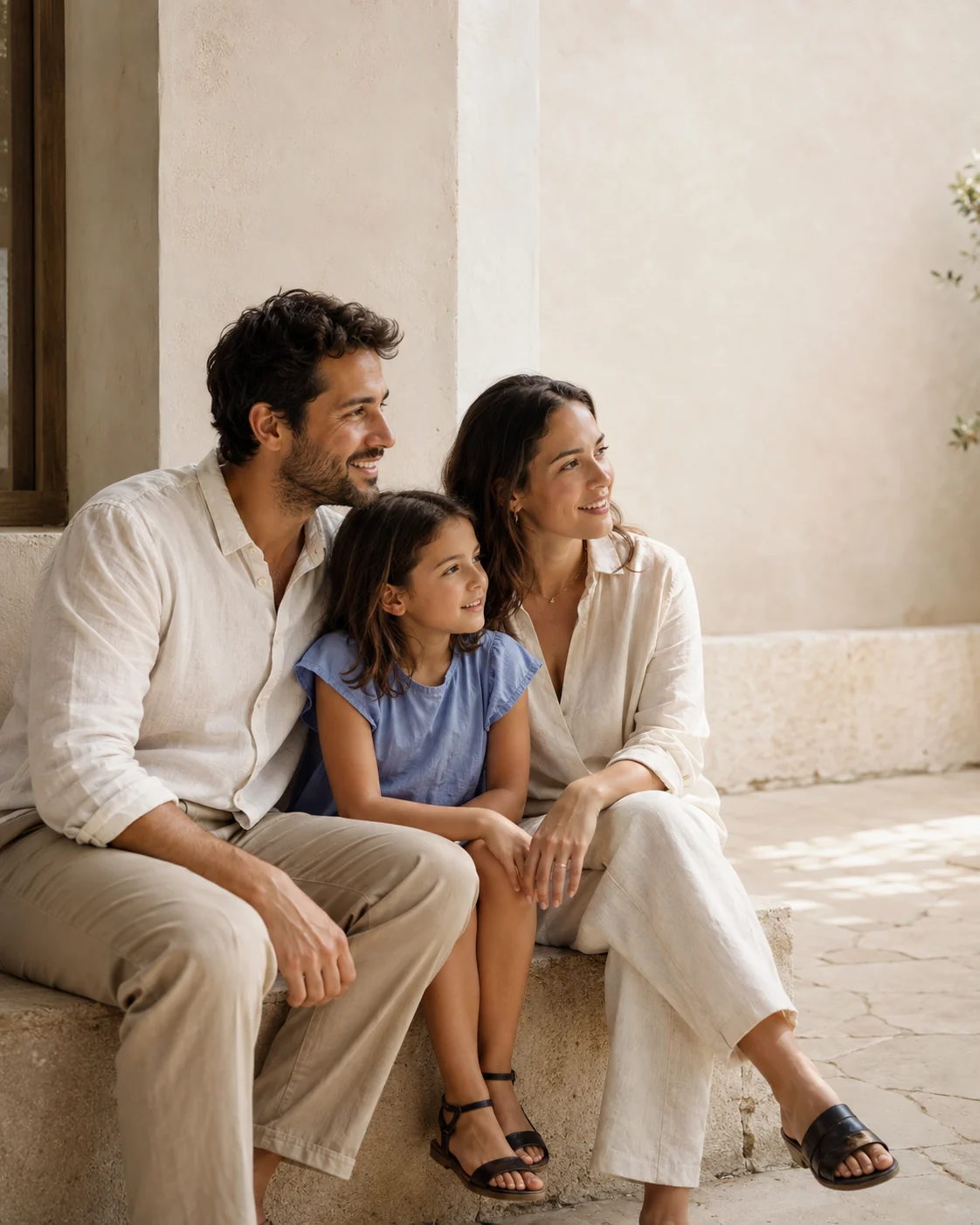 A family sharing a quiet moment in a sunlit courtyard, looking to the right